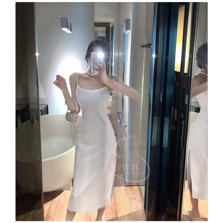 Váy lụa hai dây cổ tròn tiểu thư xẻ tà thanh lịch, quý phái, dự tiệc, prom, sexy Puwn Shop