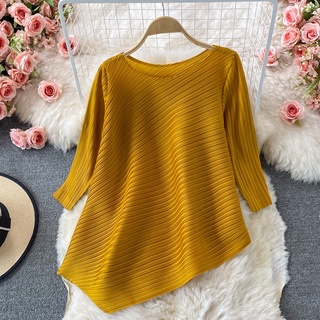 Áo sơ mi tay dài cổ tròn dáng rộng xếp ly phong cách Hàn Quốc cho nữ