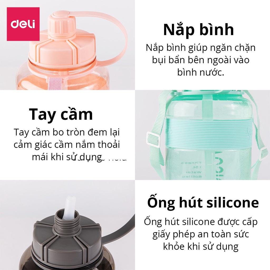 Bình nước 1.5 lít Deli - KHÔNG MÙI NHỰA, THIẾT KẾ MỚI, AN TOÀN với sức khoẻ có giấy kiểm định chất lượng