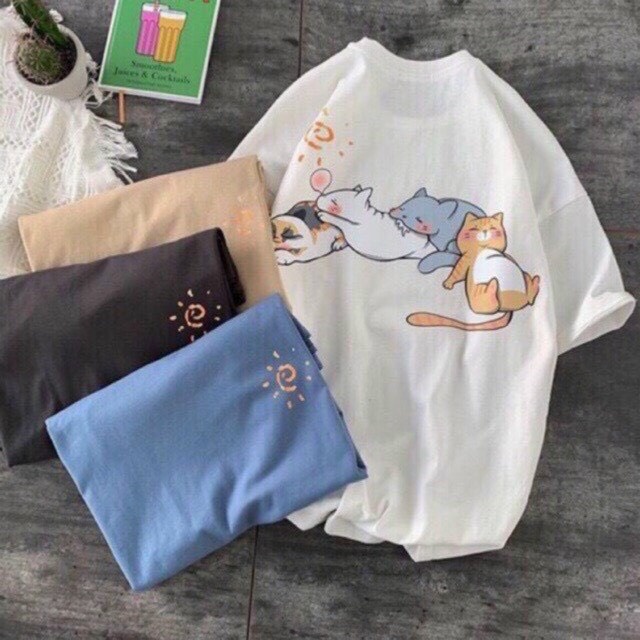 Áo thun unisex tay lỡ dáng rộng - con mèo lười biếng