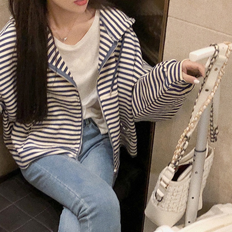 Áo nỉ sọc mới mùa thu Áo dài tay mỏng dáng rộng dành cho nữ