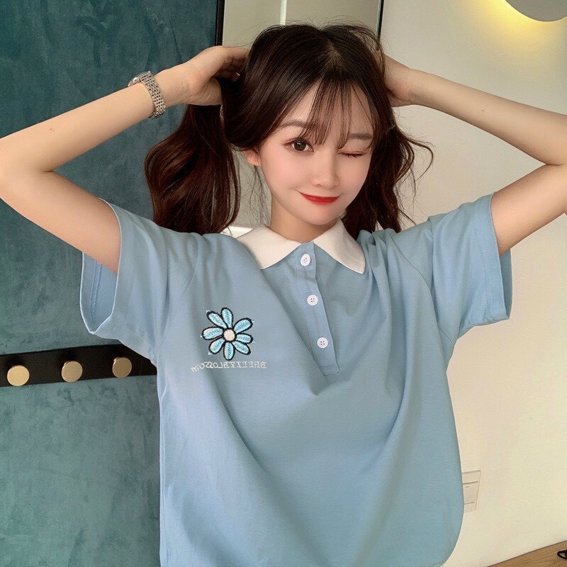 Áo polo nữ tay lỡ dáng rộng màu trắng xanh - polo hoa