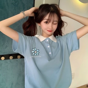 Áo polo nữ tay lỡ dáng rộng màu trắng xanh - polo hoa