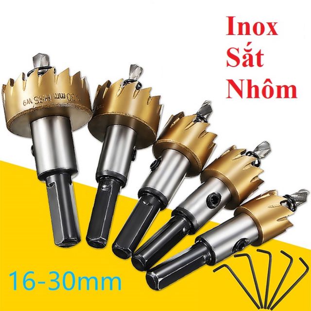 Bộ 5 mũi khoét đa năng từ 16 tới 30mm , lưỡi bằng thép gió cứng , mũi khoét sắt , mũi khoét inox, mũi khoét nhựa