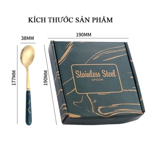 (ComBo 6 Thìa) Thìa Inox Mạ Vàng Màu Xanh Ngọc Vân Đá Xinh Xỉu Phong Cách Châu Âu Cao Cấp Kèm Hộp