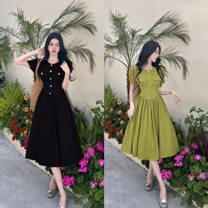 Váy Đũi Gân Xốp Vân Dọc Khuy Vàng 2 Màu Siêu Xinh