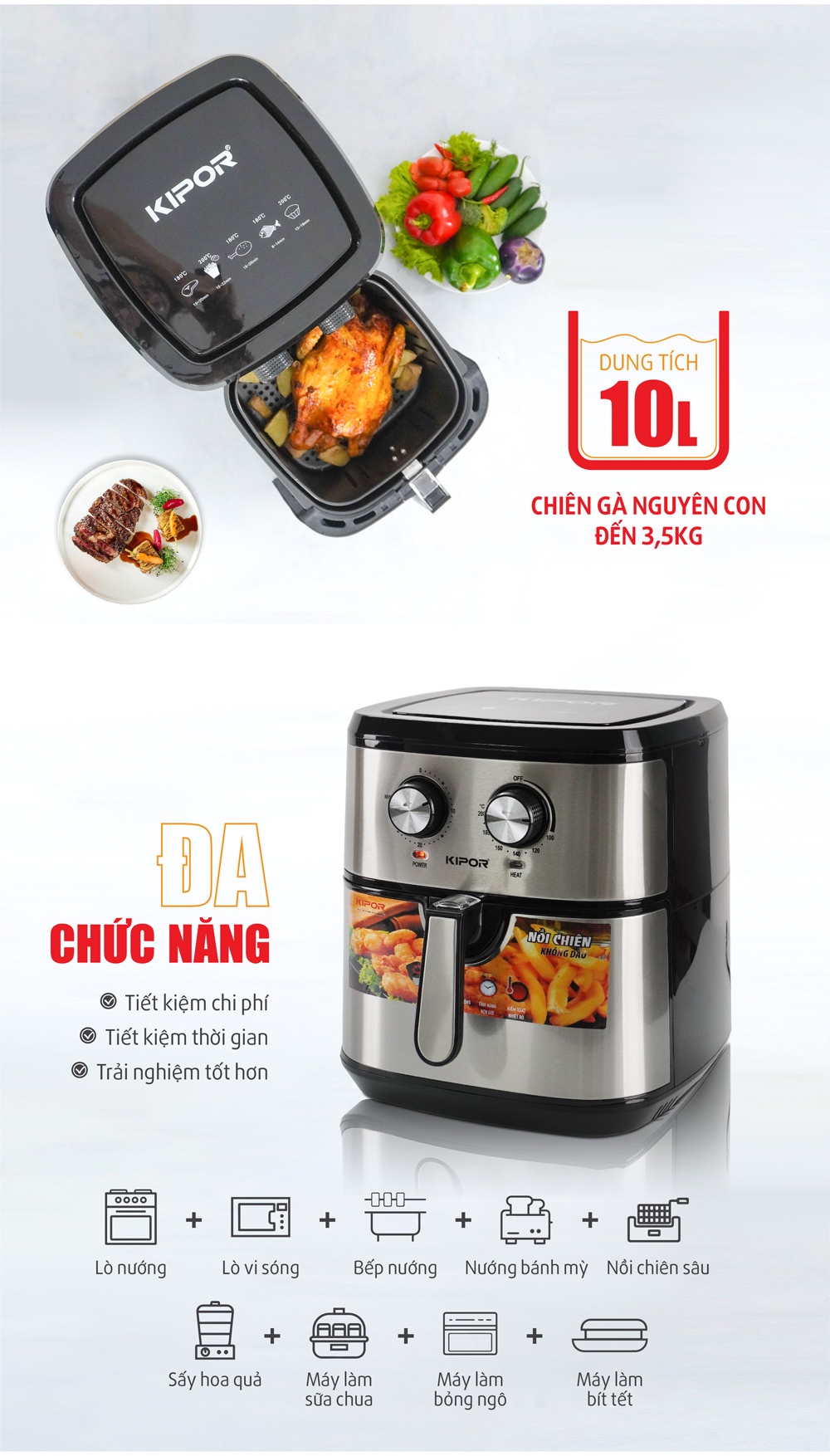 Mô tả Nồi chiên không dầu KIPOR KP-AF310-10L-Điều khiển cơ RAPID AIR nướng đối lưu-chống dính-Bảo hành tại nhà 12 tháng - 2