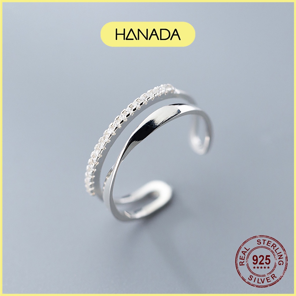 Nhẫn Bạc 925 Hanada Nhẫn Hai Đường Song Song Đính Đá Freesize 0710 N9