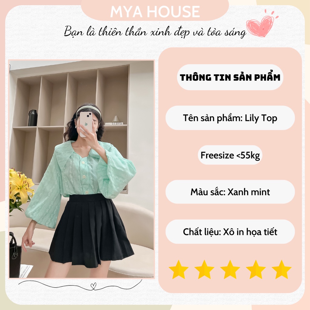 Áo sơmi xanh lá in hoạ tiết tay phồng cổ nhọn Lily shirt