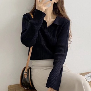 Phong Cách Hàn Quốc Nữ Nữ Thu Đông Mỏng Dệt Kim Dệt Kim Đan POLO Cổ Áo Dài Tay Áo Sơ Mi Áo Baju Baju Wanita Lengan Panjang