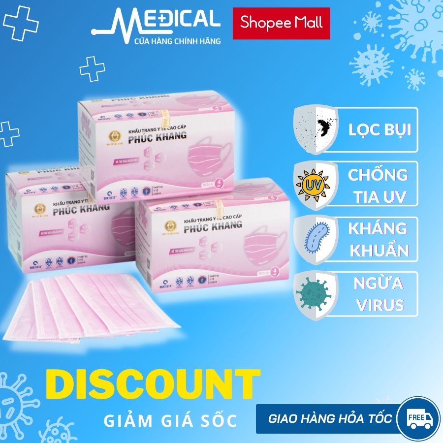 Ảnh Khẩu trang y tế 4 lớp cao cấp PHÚC KHANG có giấy lọc kháng khuẩn màu trắng, hồng hộp 50 cái - MEDICAL 3