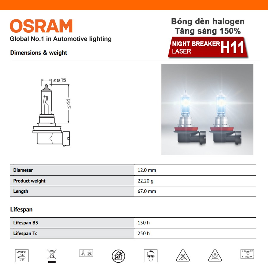 Combo 2 Bóng Đèn Halogen Tăng Sáng 150% OSRAM Night Breaker Laser H11 12V 55W