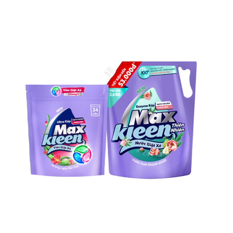 Ảnh Combo Túi Nước Giặt Xả Thiên Nhiên 3.6kg + Túi Viên Giặt Xả MaxKleen hương ngày thư thái (34 viên/túi) 1