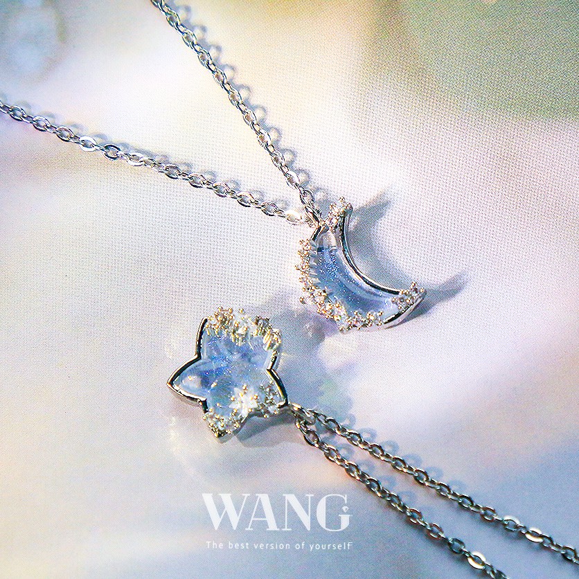 Bộ Hai Vòng cổ Thép 18k Mặt Trăng Ngôi Sao Đính Đá Zircon Đổi Màu Chất Lượng Cao