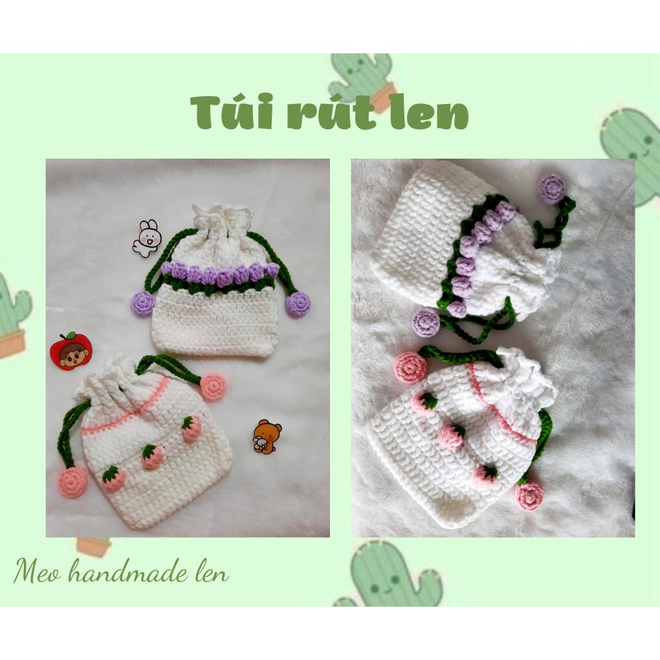 Túi rút dâu tây - Túi rút hoa tulip - Handmade len - Crochet