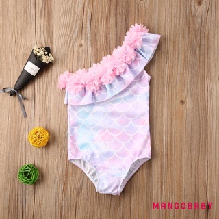 Bộ đồ tắm một mảnh MG-Baby Girls, Đồ bơi in vảy cá không tay, Đồ bơi đường viền cổ hoa xếp nếp