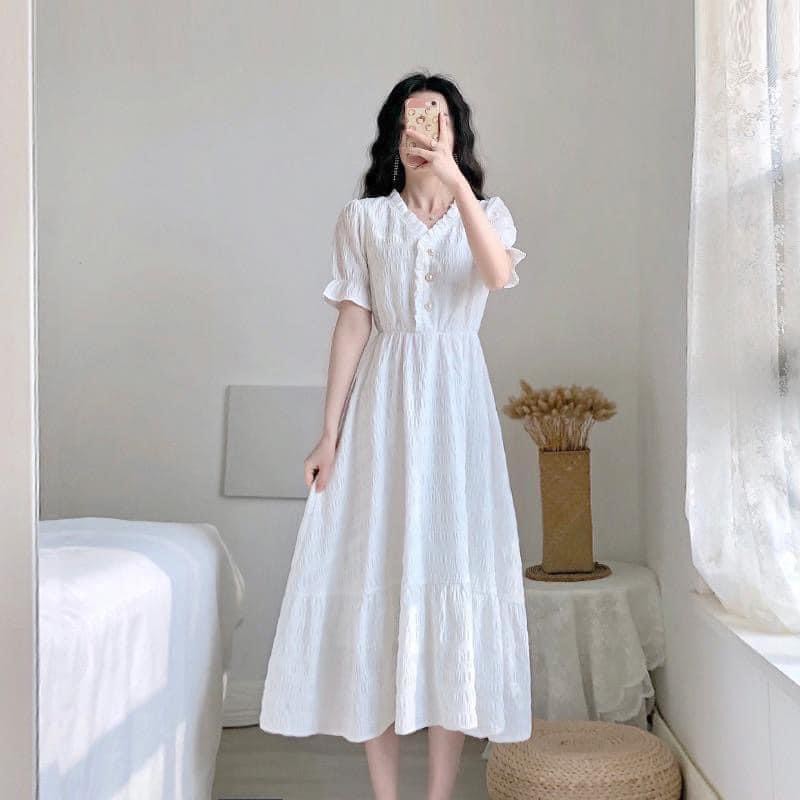 Váy Đầm Trắng Dáng Dài Hai Lớp Cổ Bèo Tay Bồng Tiểu Thư Phong Cách Hàn ...