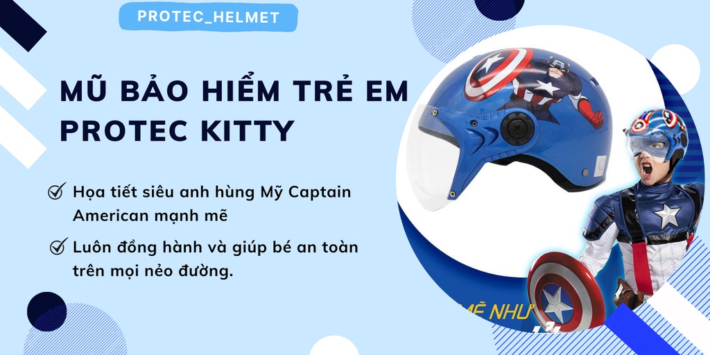 Mô tả Mũ bảo hiểm nửa đầu trẻ em có kính Protec Kitty, họa tiết siêu anh hùng mạnh mẽ, năng động cho bé - 1