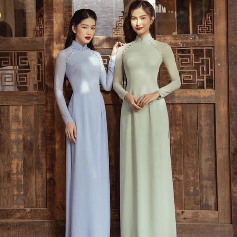 S237 1887 Áo only - Áo dài chiffon 4 tà thiết kế đính đá màu xanh lá