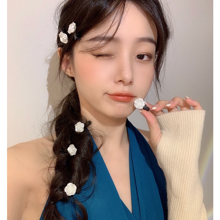 Set 5 Kẹp Tóc Mỏ Vịt Đính Hoa Trà Cao Cấp Kiểu Pháp Cỡ Nhỏ Màu Trắng Xinh Xắn Phụ Kiện Tóc Empoli