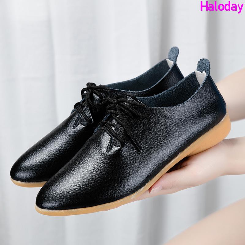 Giày Nữ Size Lớn (35-44) 41 42 43 44✨Phiên Bản Hàn Quốc Ren-Up Da Thật Chính Hãng Giày Trắng Nữ Giày Đế Bằng Mũi Nhọn Sâu Miệng Đế Mềm Giày Sinh Viên Thường Ngày
