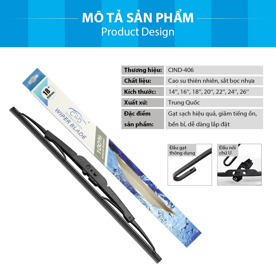 Gạt Mưa Ô Tô Gọng Sắt CIND 406 (26inch/650mm) Phù Hợp Cho Nhiều Dòng Xe Ô Tô Xe Hơi Có Móc Cong Chữ U