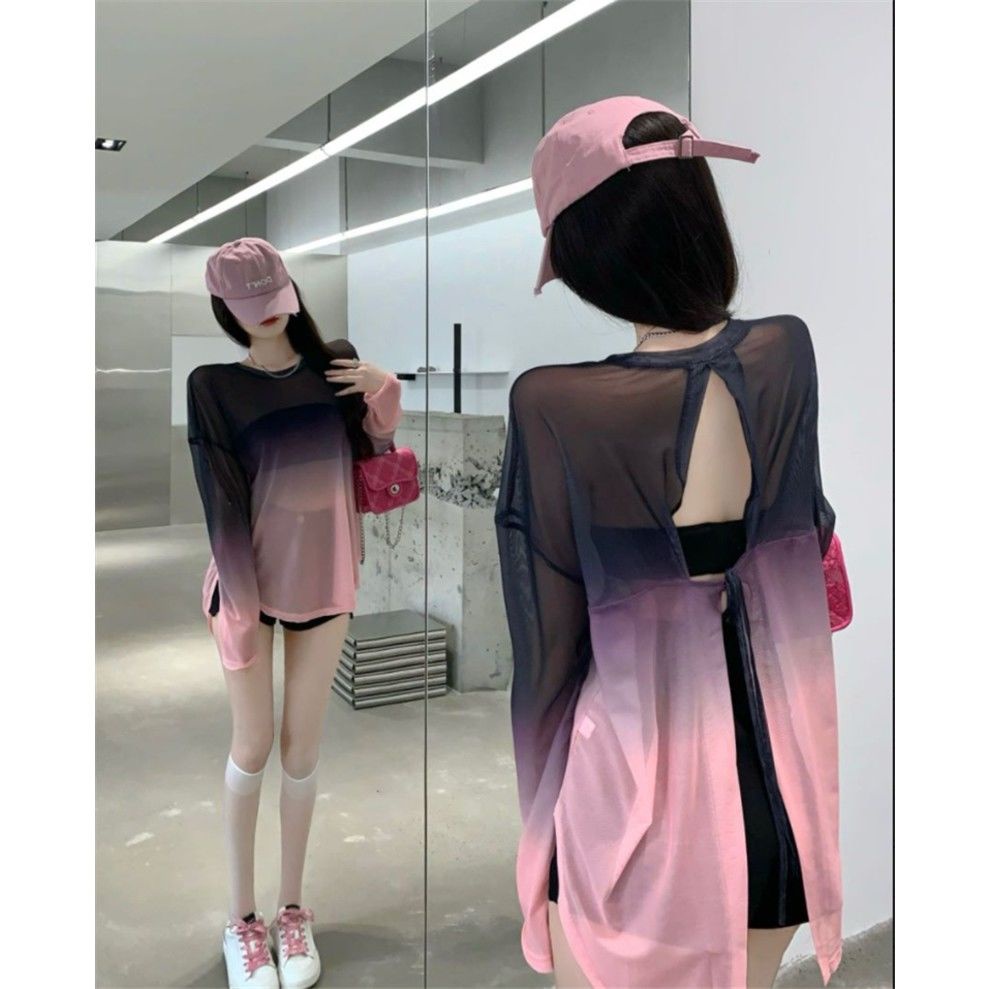 Milyfashion Gradient Ice Silk Kem Chống Nắng Mùa Hè Pure Desire Hot Girl Gợi Cảm Dây Mỏng Xuyên Qua Tay Dài T
