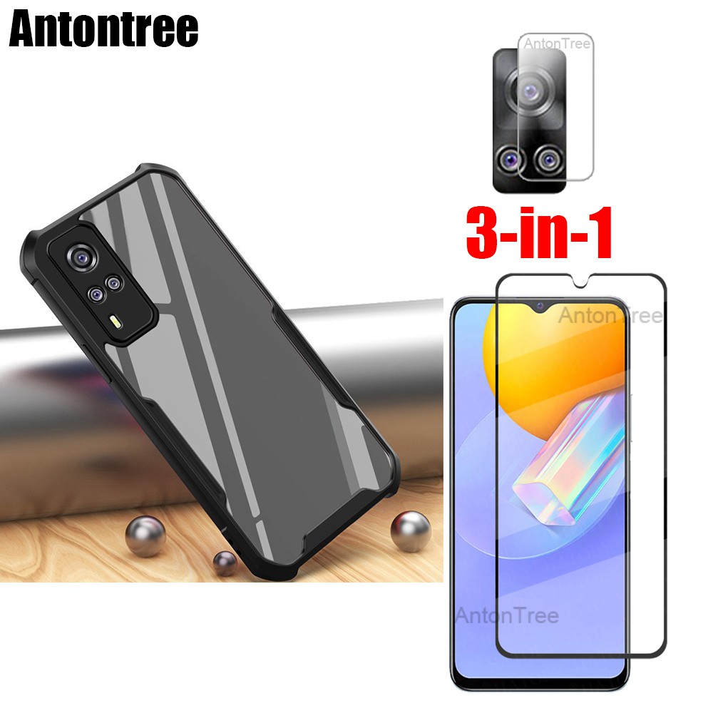 3in1 VIVO V21e V21 5G Y31 2021 Y12S Y20 Acrylic Túi Khí Trong Suốt Đệm Vỏ Điện Thoại + Phim Kính Cường Lực + Ống Kính Máy Ảnh Protecotr