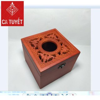 HỘP ĐỰNG GIẤY ĂN GỖ HƯƠNG KHỔ VUÔNG ELAI CHẠM ĐỤC CON RƠI - ẢNH THẬT