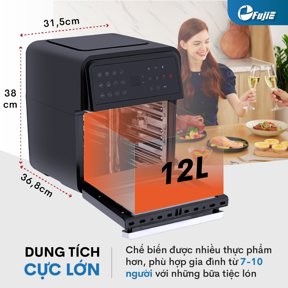 Nồi Chiên Không Dầu 12 lít FujiHome A12D, công suất 1800W, điều khiển điện tử, phủ inox cho thức ăn không bám mùi nhựa