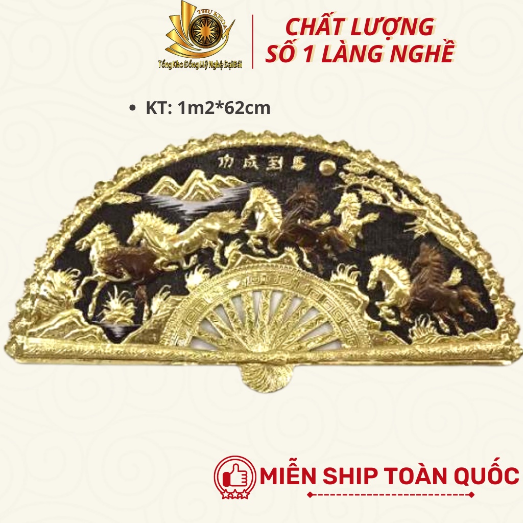 Tranh Quạt Long Phụng Chầu Phúc Bằng Đồng Mạ Vàng   1m2 Quà Tặng Độc Đáo Treo Tường Trang Trí Đồ Đồng Đại Bái