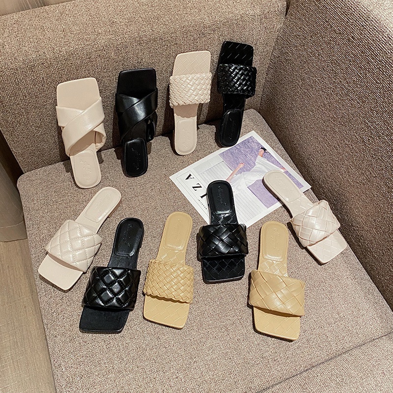 Size Lớn 33-43 Dép Nữ Mặc Ngoài Ngón Chân Vuông Lớn Dệt Lật Dép Đế Bằng Size Lớn Giày Lười Mùa Hè Chống Trơn Trượt Nữ
