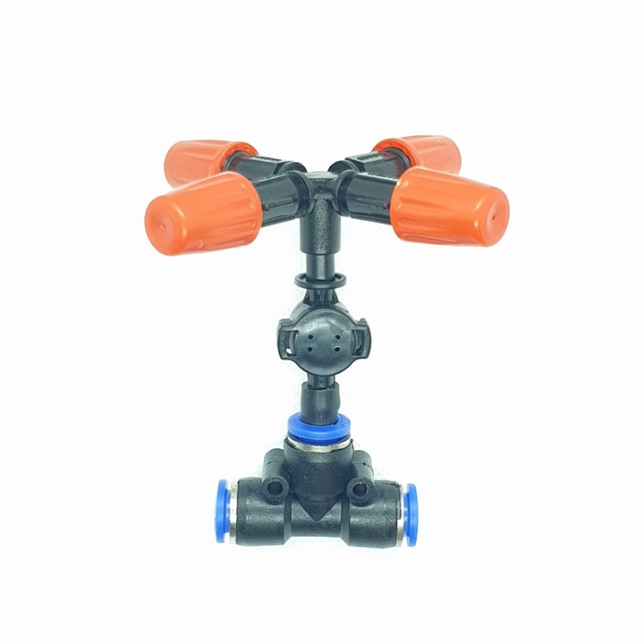 50 Bộ béc tưới phun sương 4 hướng cam kèm tê nối nhanh ống 8mm (tùy chọn van chống rỉ nước)