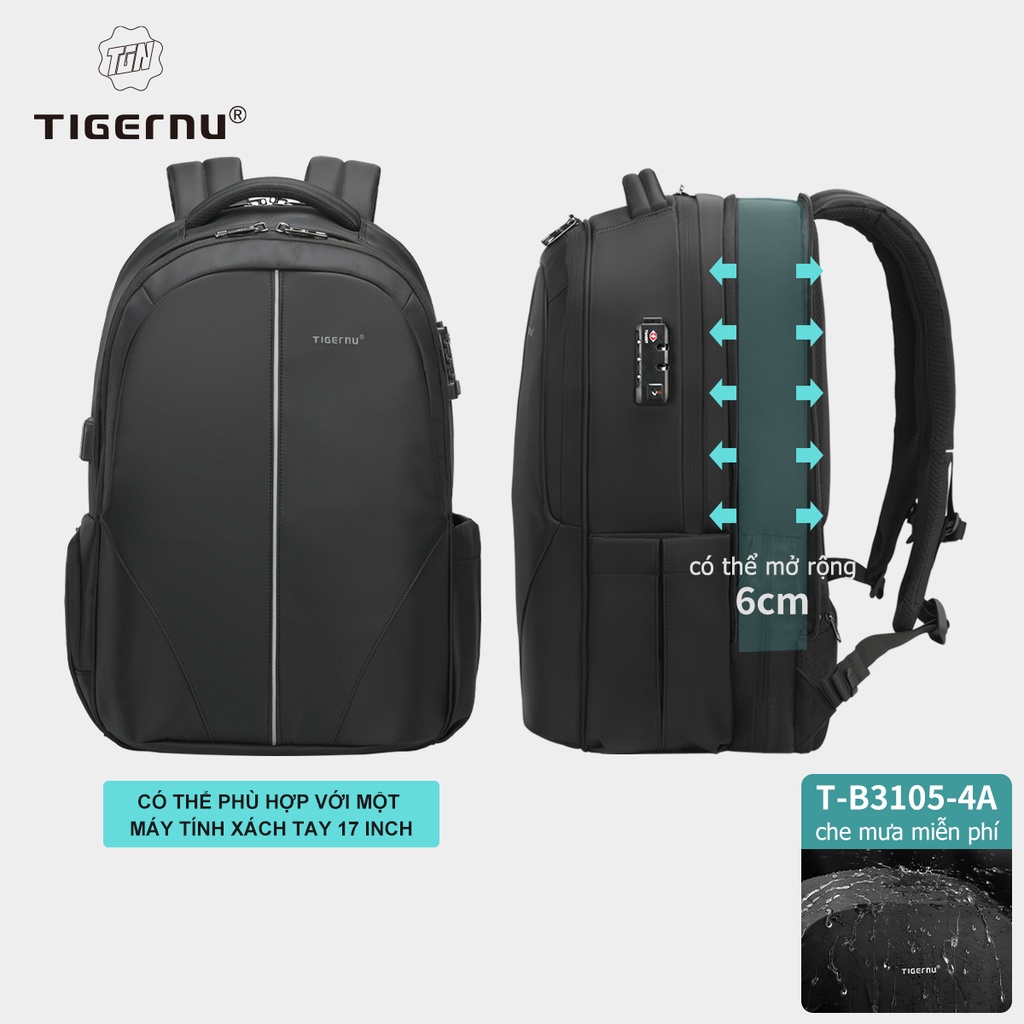 Ảnh Tigernu T-B3105-4A/T-B 3105 -3A Balo laptop vải nylon có khóa TSA mở rộng được chống thấm nước 15.6-17 inch 1