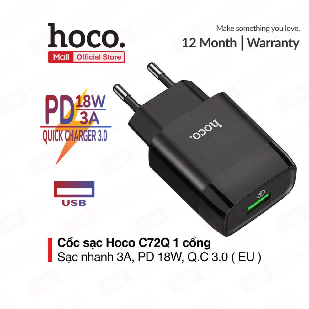 Cốc sạc nhanh Hoco C72Q 1 cổng USB sạc nhanh 3A, PD 18W, tương thích ...