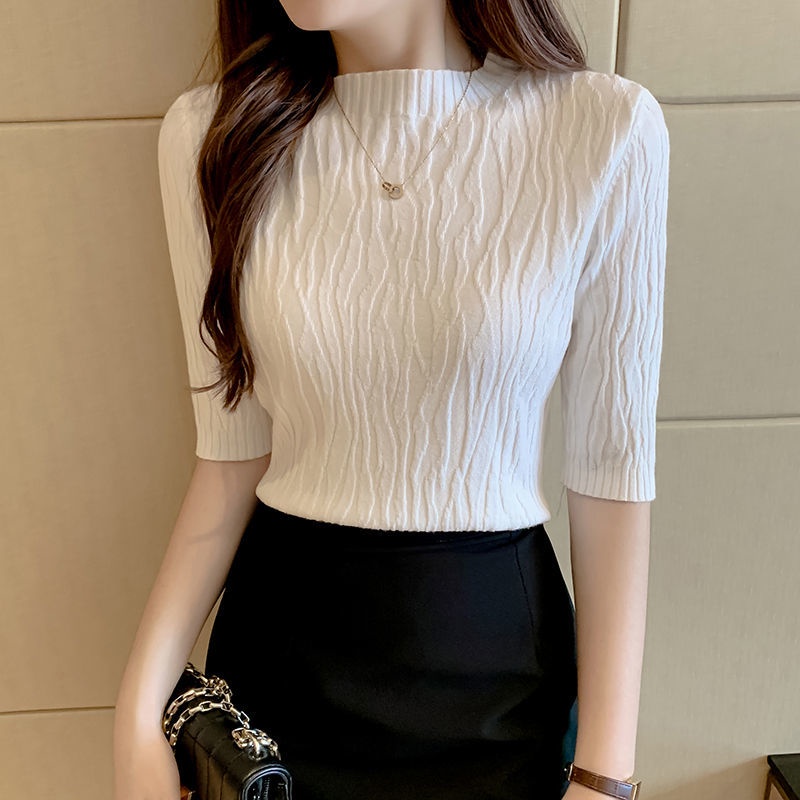 Áo len nữ phong cách phương Tây mùa thu cổ cao nửa tay vừa phải