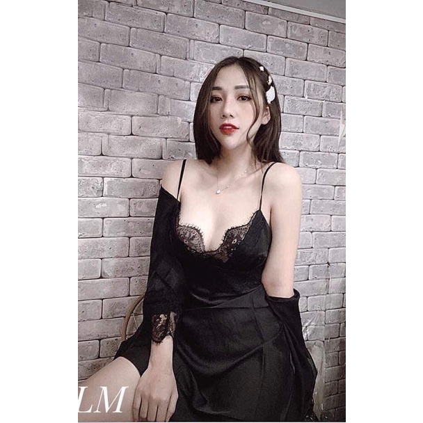 Váy Ngủ lụa sexy Slady gợi cảm cao cấp 2 dây Satin dáng dài có mút ngực, kèm áo choàng, Siêu đẹp - VNS18