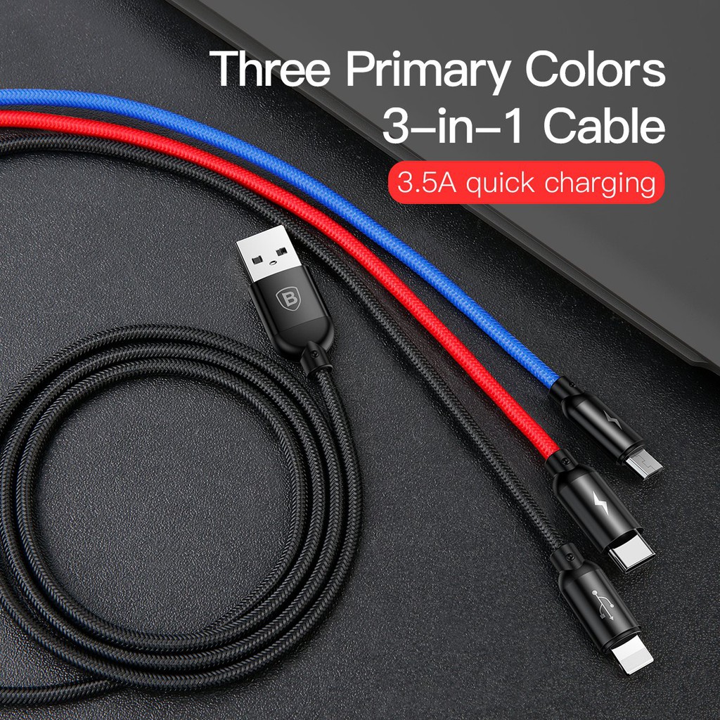 Ảnh Cáp sạc Baseus Three Primary Colors sạc nhanh 3.5A ,3 đầu kết nối ( Type-C/Micro/IP) dài 1,2m 1