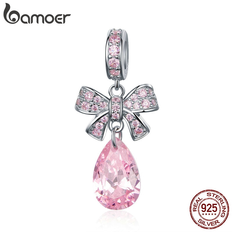 Mặt dây chuyền BAMOER hình nơ và giọt nước đính đá màu hồng bằng bạc 925 nguyên chất Sc1074
