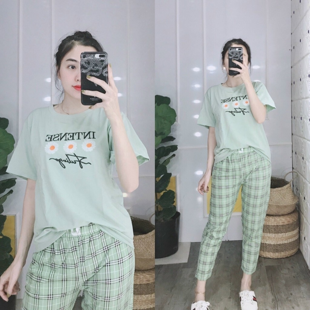 Đồ Bộ Nữ Bigsize 43-85kg Thun Cotton Quần Dài Caro Mặc Nhà Mùa Hè Thể Thao Trung Niên ESHOP DB06