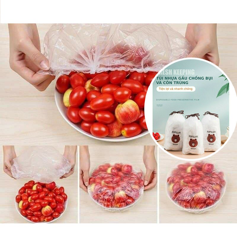Set 100 túi bọc thực phẩm bo chun kèm túi có thể tái sử dụng