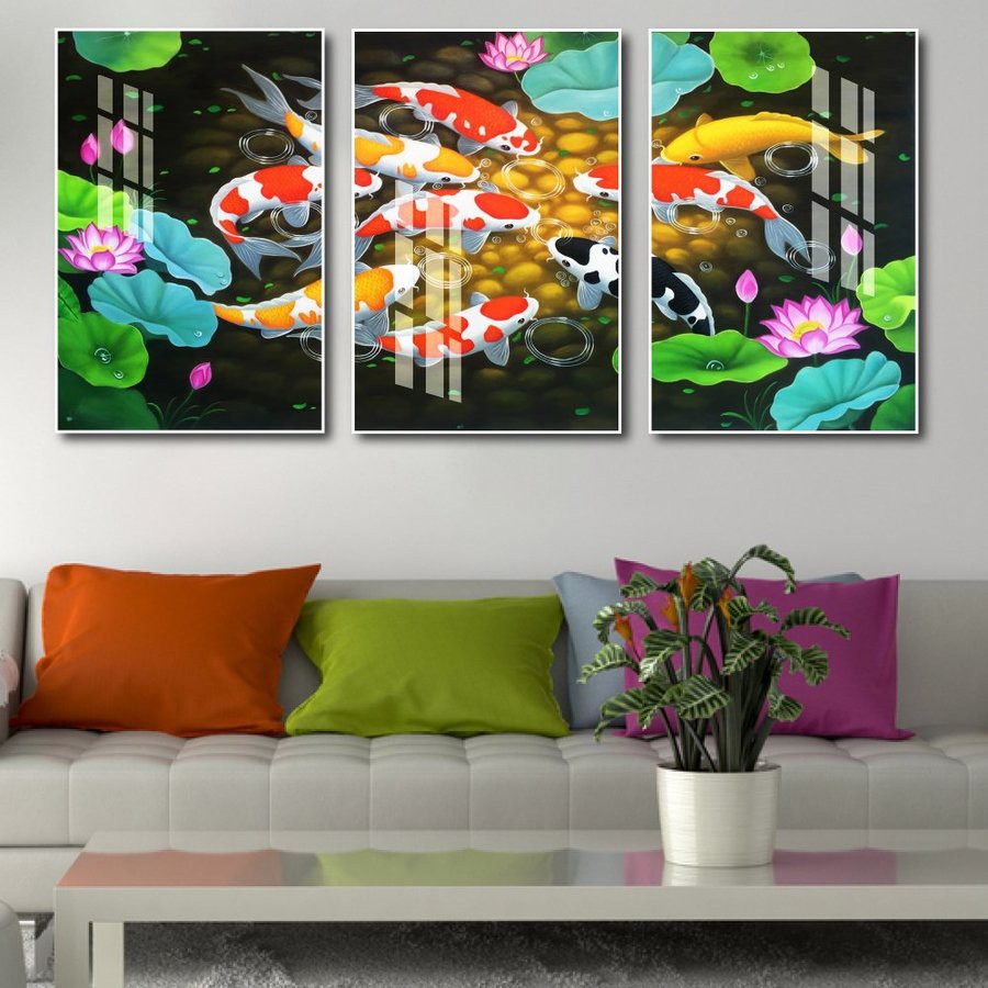 Bộ 3 tấm tranh treo tường tráng gương Lala cao cấp cá chép và hoa sen phong thủy trang trí phòng ngủ