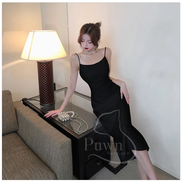 Váy lụa hai dây cổ tròn tiểu thư xẻ tà thanh lịch, quý phái, dự tiệc, prom, sexy Puwn Shop