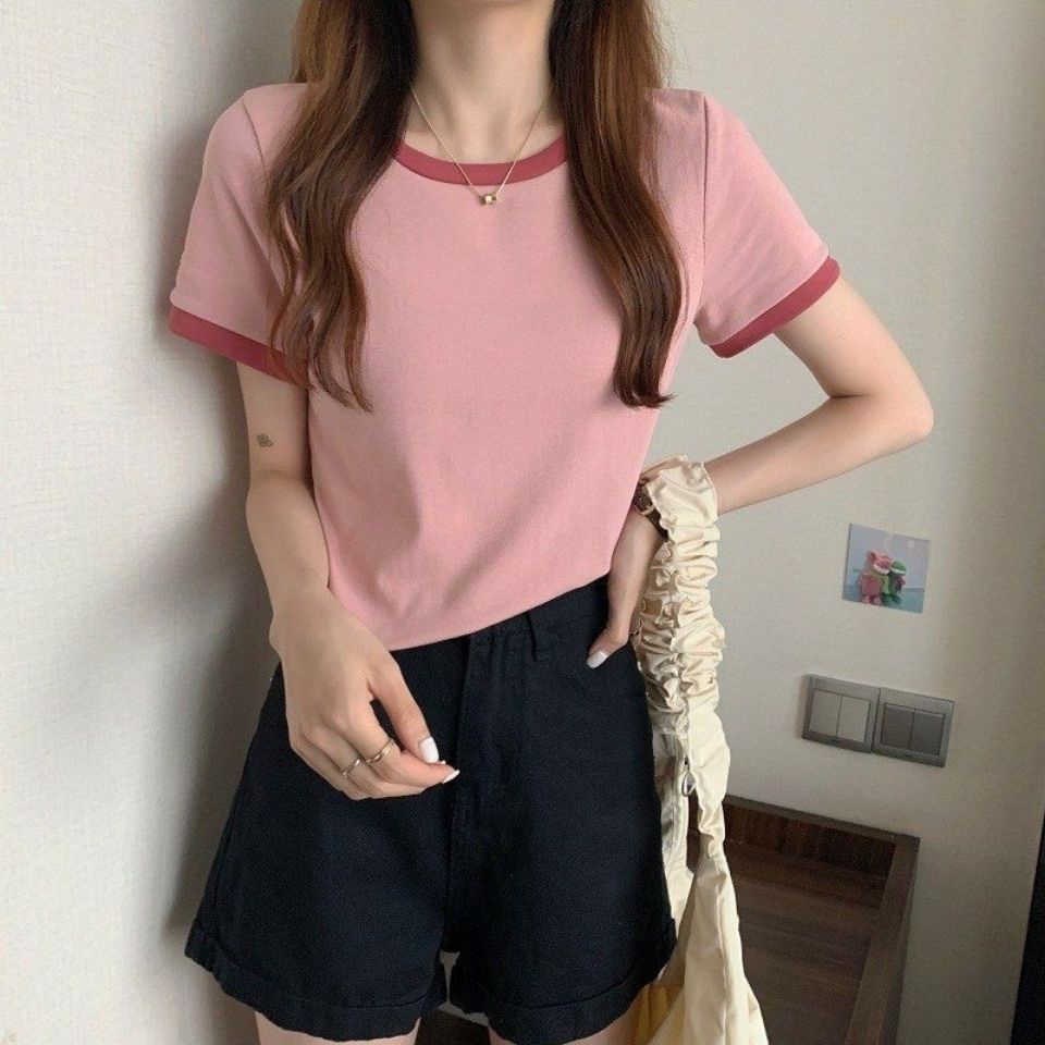 Áo thun nữ SUXI dáng croptop tay ngắn cổ tròn phối màu đơn giản thời trang mùa hè Hàn Quốc