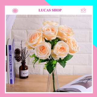 Hoa Giả- Cụm Hoa Hồng Giả 9 Bông 45cm Decor Nhà Cửa Siêu Xinh
