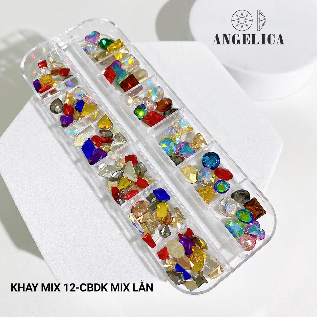 Khay 105v đá khổi mix đá chân bằng đính nail 7 màu trang trí móng ANGELICA M12-CBDK