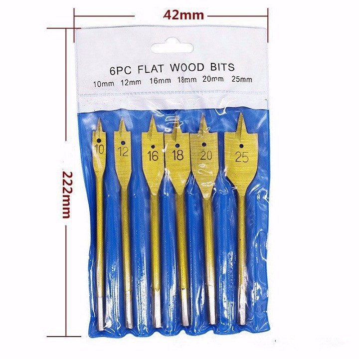 Bộ 6 mũi khoan gỗ đuôi cá từ 10mm tới 25mm phủ titanium , mũi khoét gỗ