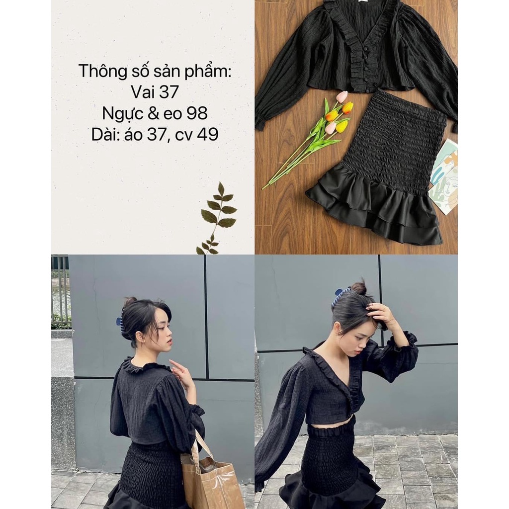SET ÁO TAY DÀI VÁY ĐEN CHUN NHÚN DỄ MẶC - COOKIE SET