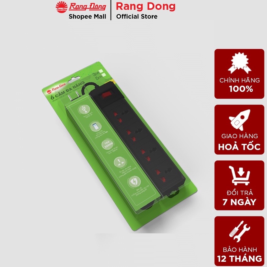 Ảnh Ổ cắm đa năng có màn che bảo vệ 4 Ổ dây dài 3M/5M nhựa ABS chống cháy, tự ngắt khi quá tải Rạng Đông - Model:OC02 4C/10A 1