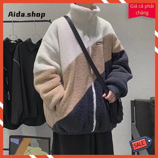Áo khoác cotton len lông cừu dáng rộng cổ cao phối ba màu thời trang cho nam và nữ